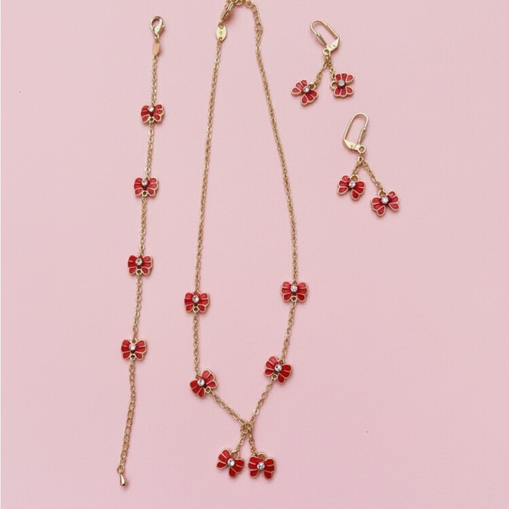Elegant Gold plated and Red Bow Jewelry Set kids